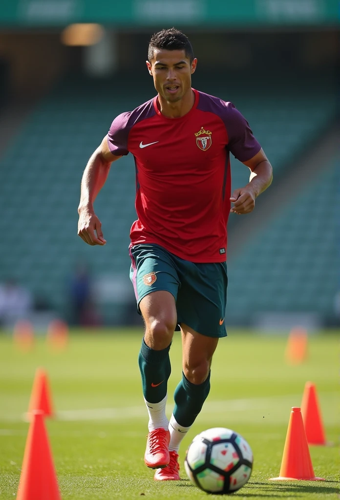 Entraînement Intensif** :
   "Cristiano Ronaldo s'entraînant sur le terrain, réalisant des exercices de vitesse et d'agilité. Il est entouré de cônes d'entraînement, avec une expression sérieuse et déterminée. Mots clés : Cristiano Ronaldo, entraînement, vitesse, agilité, détermination."
