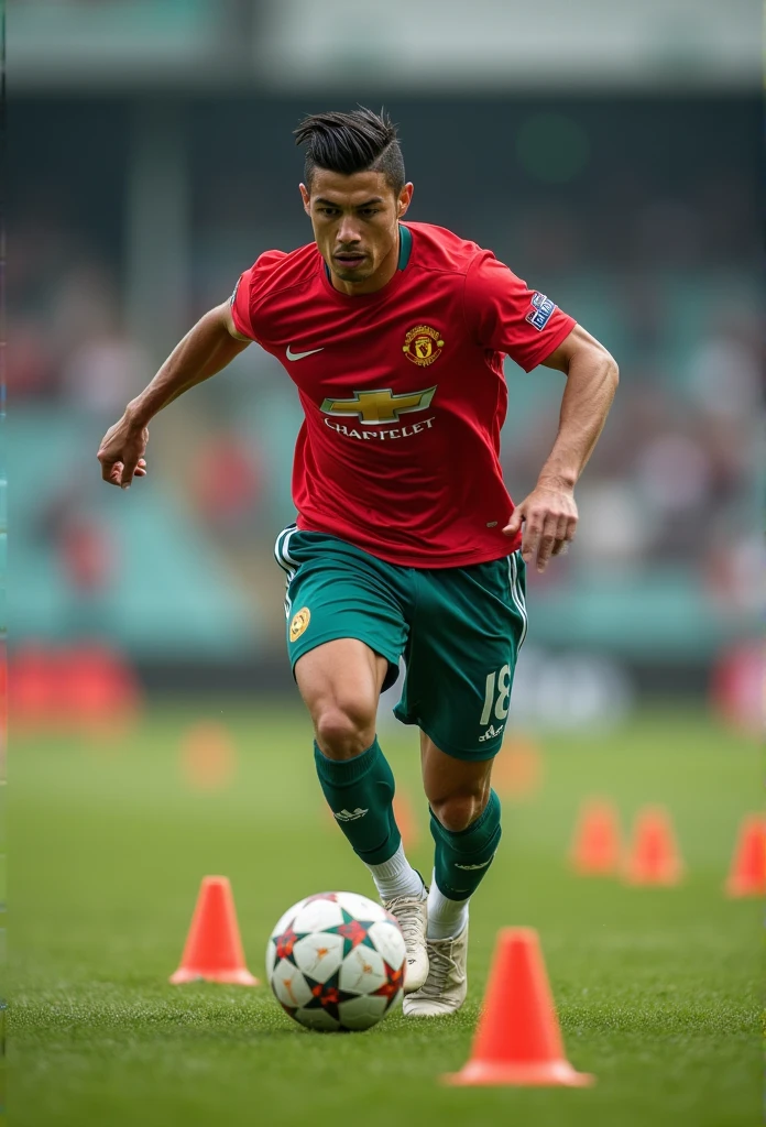Entraînement Intensif** :
"Cristiano Ronaldo s'entraînant sur le terrain, réalisant des exercices de vitesse et d'agilité. Il est entouré de cônes d'entraînement, avec une expression sérieuse et déterminée. Mots clés : Cristiano Ronaldo, entraînement, vitesse, agilité, détermination."