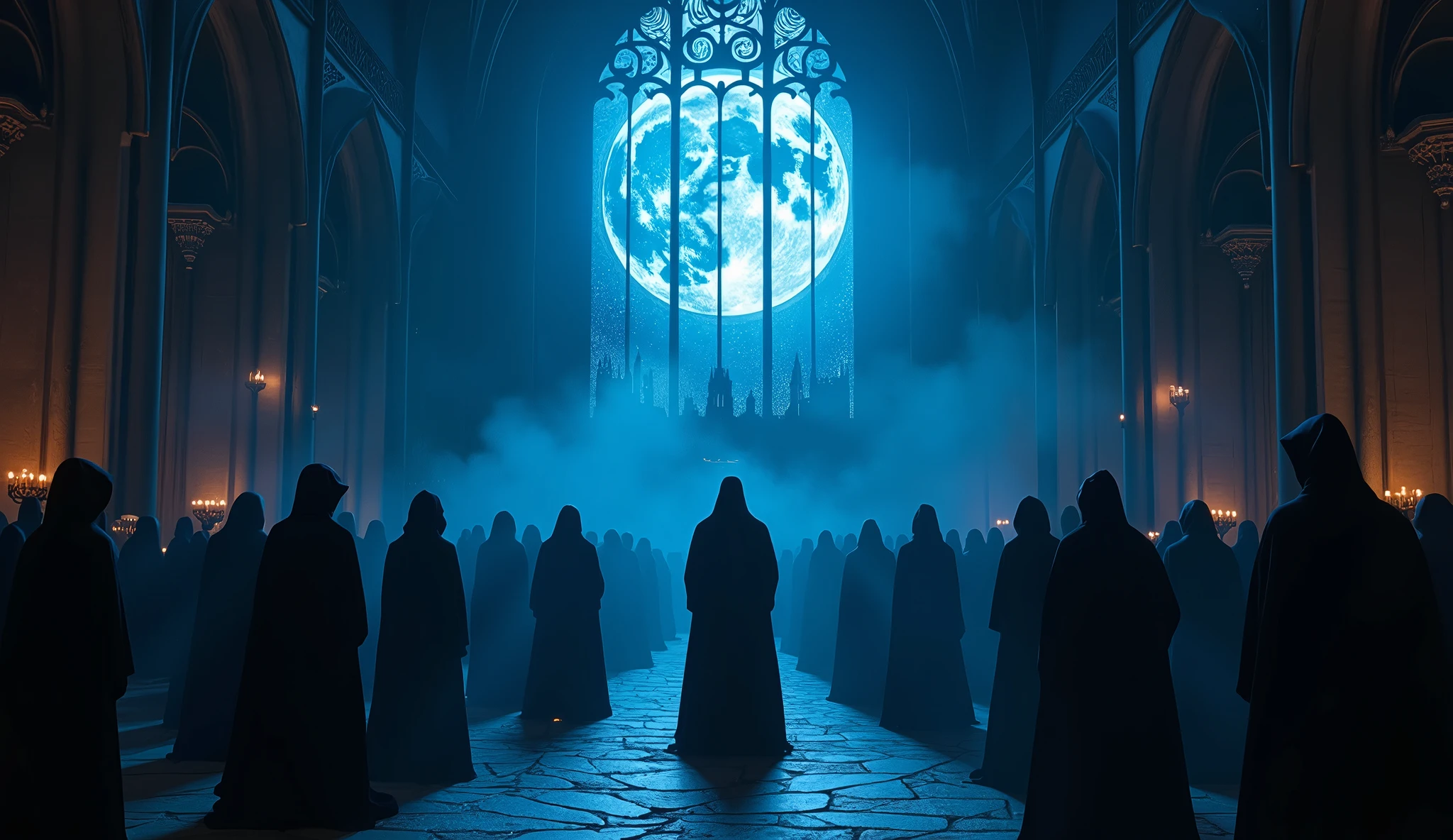 8k、 big blue moon ,zoom up, large stained glass(number々の賞を受賞したmasterpiece、Incredible detail、Texture、Maximum details),blue flame candle, (summoning magic),(The moonlight at night is beautiful), (Demon King's Castle),(dark organization)arafed image of a group of people in a church with candles,lit candle, dark cinematic concept art, elegant cinematic fantasy art, photorealistic dark concept art, by Beeple, dark robes, wojtek fus, gothic epic library concept, gothic epic library, epic cinematic concept art, dark concept art, Beeple and mike winkelmann, symmetrical epic fantasy art, High resolution, masterpiece, Highest quality, Intricate details, Very detailed, Clear focus, practical skin texture, texture, Shot with Canon, 85mm, Shallow and deep, Kodak Vision Color, Exactly, Very detailed, photograph_\(Extremist\), photographpractical, practical, Post-processing, Maximum details, Roughness, Real Life, Extremist practical, Photorealism, photographgraphy, 8K Ultra HD, photographgraphy