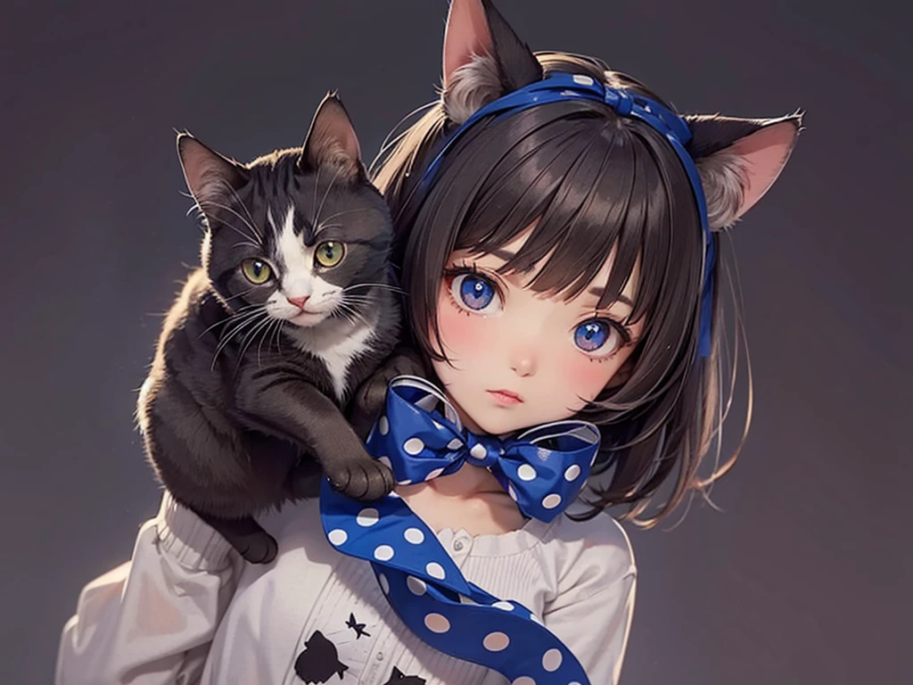 Cat wearing a blue polka dot ribbon
