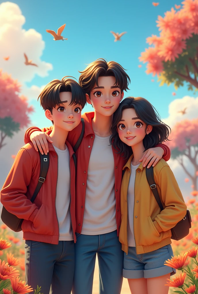 create a picture of three friends, one similar to Mingyu from Seventeen,another friend similar to Jungkook from BTS and another similar to Yoongi from BTS, happy but handsome, realistic realistic Disney style