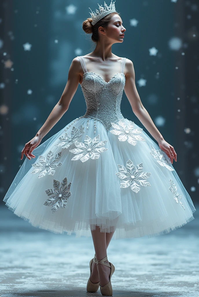 Make me a ballet costume for snowflakes inspired by the Nutcracker movie.
It has to reach your knees., silver with white and large details not small ones. other