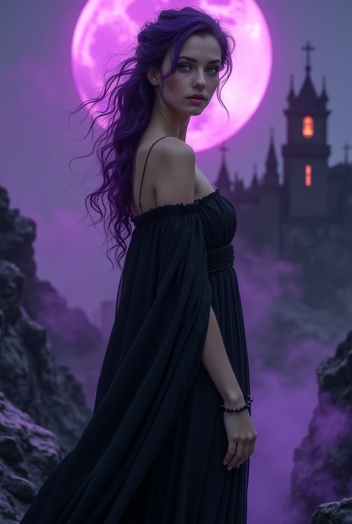 Woman walking head-on down a road at night, with fog and shadows, wavy and long black hair, detailed hand and fingers, high quality, ultra-detailed, 8k, masterpiece, (volumetric lighting), black magic, fanciful, lilac colors, purple, black and vivid shadows on the woman's return. --auto --s2