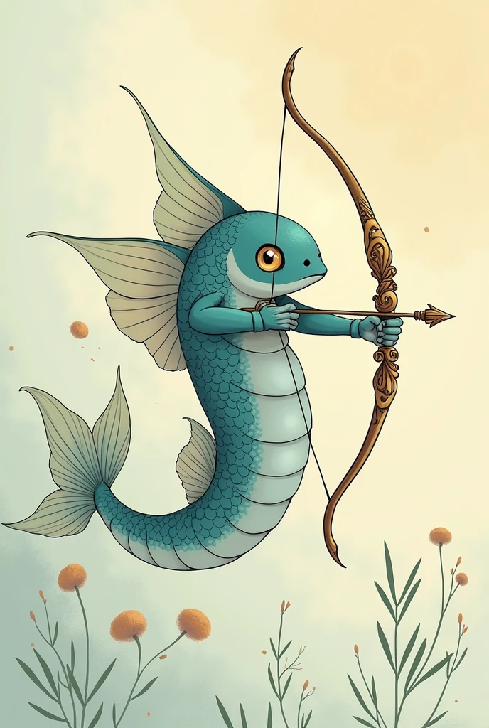  Hi, give me an image of the fish bow referring to a fish with a bow and arrow, as if it were the fusion of Sagittarius with Pisces, but it should be in the Studio Ghibli style, do it without horns, that it is good and does not look computerized 