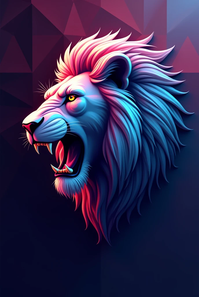 Contrast iridescent Vector Logo Polygonal High contrast Shadow of a lion&#39;s face in profile contrast Orange eyes with yellow, Black pupil Imposing Mane iridescent from pink to blue White facial hair Roaring Without volume Without bottom


