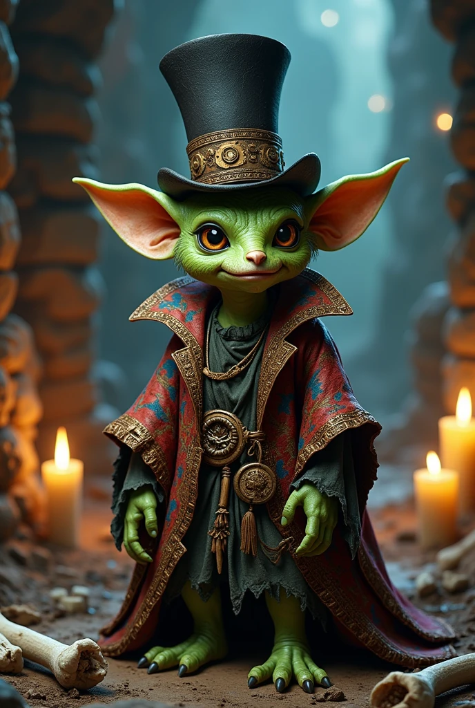 A kobold from dnd wearing a voodoo outfit and a top hat