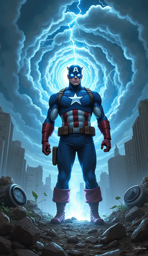 Illustrate Captain America at the moment he awakens to his new power of time manipulation. The scene should be dynamic and intense, focusing on the transformation as time begins to ripple around him. Captain America stands at the center of the image, his posture strong and resolute, but with a hint of shock in his expression as he realizes the immense power he now possesses.
His eyes glow with a radiant blue-white light, symbolizing the newfound power. Around him, the environment begins to distort: the air ripples in concentric waves, and objects nearby, such as rocks and debris, seem to blur and stretch, as if being pulled by the currents of time.
The background should depict a partially shattered landscape, with hints of past and present colliding—perhaps a broken clock, with its hands spinning uncontrollably, or a tree with leaves in different stages of growth. Light and shadow play dramatically across Captain America’s figure, with his iconic suit catching the glow from his eyes, adding a surreal touch to the scene.
In the sky above, clouds swirl in a circular pattern, mimicking the ripples of time emanating from Captain America. Lightning crackles through the clouds, illuminating the scene with flashes of light. The overall atmosphere should be one of raw power and awe, with a sense of the world bending to the will of this new, uncontrollable force