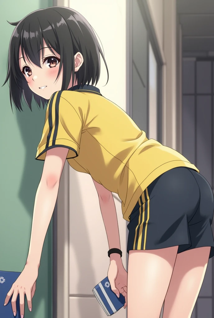 1 girl with almost short hair wearing a yellow short-sleeved uniform shirt with black stripes on the shoulders and short black mini shorts with yellow stripes on the sides and made of synthetic material and she drops her books and bends down to pick them up and she looks good assed and sexy and a boy looks at her sexily and she looks good assed and sexy