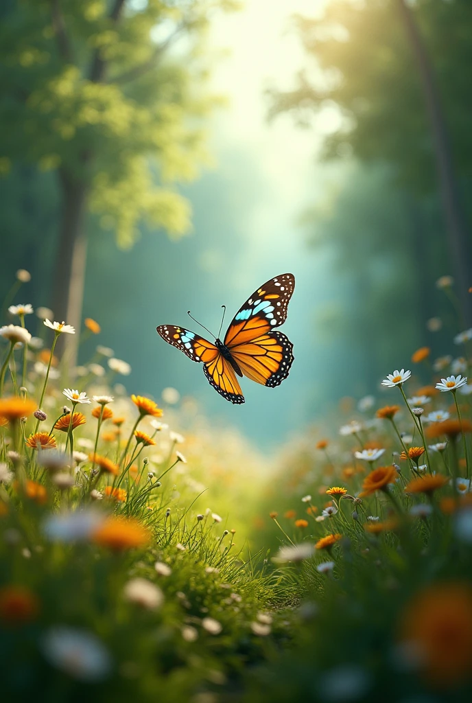 butterfly flying between a field and a forest