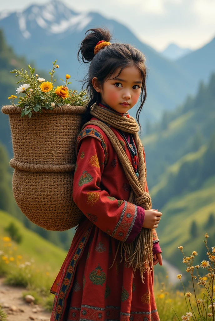 A bhutanese girl with a jute basket