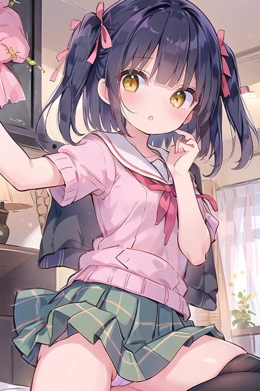 Beautiful illustrations、(masterpiece、Highest quality、8k ), (Beautiful details), Highly detailed face, Perfect lighting, Extremely detailed CG, (Perfect hands, Perfect Anatomy), Soft Focus, female child、a girl, blunt bangs, two side up, Black Hair, Yellow Eyes, short hair, Sparkling eyes、Small breasts, Slender, evil smiling、Middle school students, school uniform、(Green Check Skirt)、Pink Sweater、Red ribbon tie、Thighs、Lift up your skirt, Under the skirt, panties,(Spread your legs),A pose that attracts men、in the bedroom, Love Hotel, 