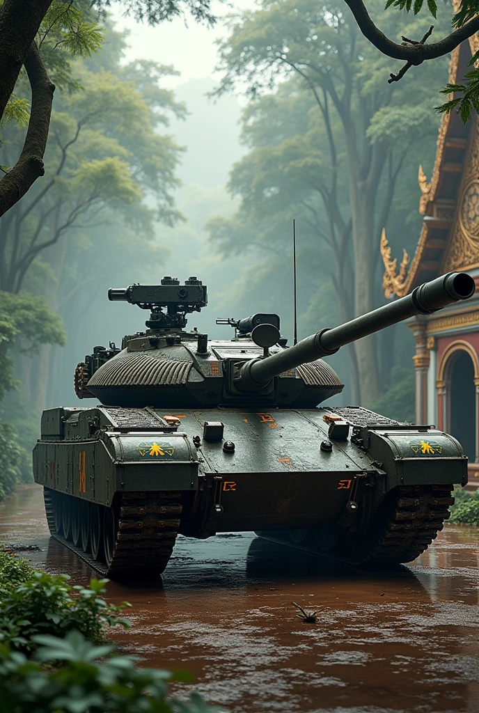 The T90 tank has a fierce pattern, has a bomb shield, the ribs are a food plate, Thai food and is in a forest temple.