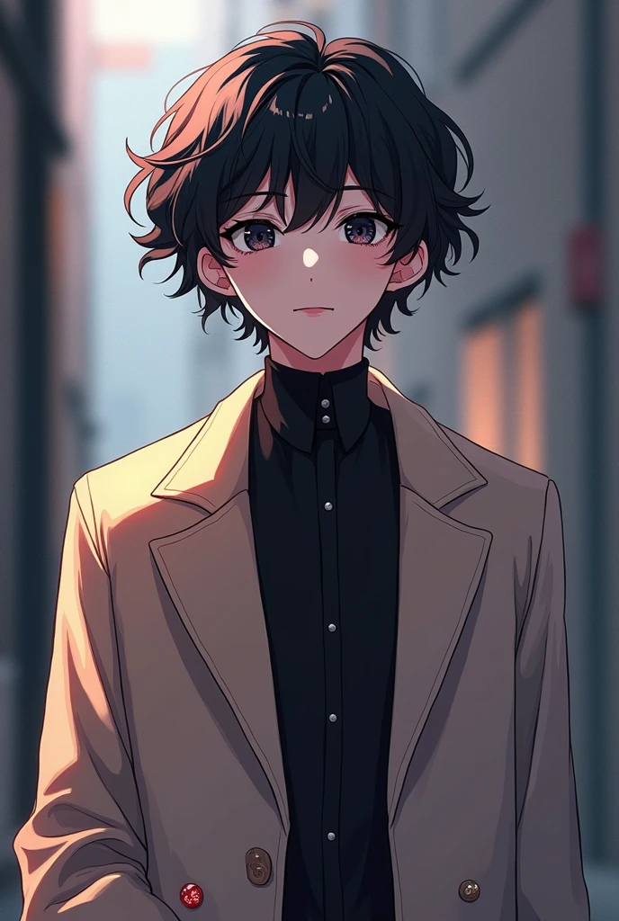 An anime-style character, Trans man, shorth hair, but at neck height, he is very effeminate, He has 1,50 tall, dark eyes and black hair and he wears an overcoat, curly hair, in the coat part there is a little red eye on the left and it is small, just like a symbol and inside he wears a black blouse with a high collar, curly hair