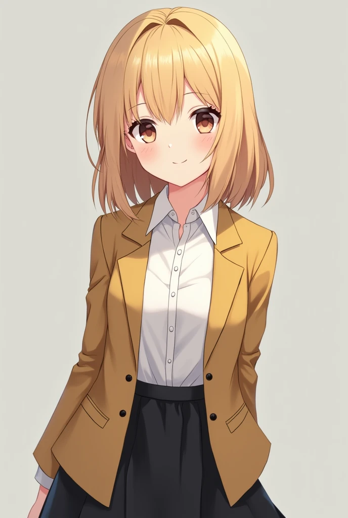 More mature anime style image. A gray background image. A teenage girl with blonde hair and brown eyes, was wearing a white dress shirt with a dark yellow blazer over a black skirt. He had a friendly, welcoming smile on his face..