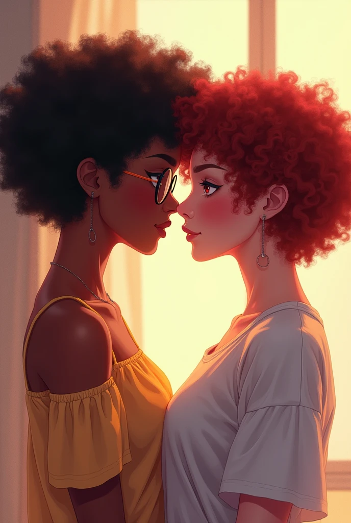 Create a drawing of two age lesbian girls, one black and with short 3c curly hair and looks very long and medium and with glasses and the other white with short 3a curly hair but looks very long and dark red