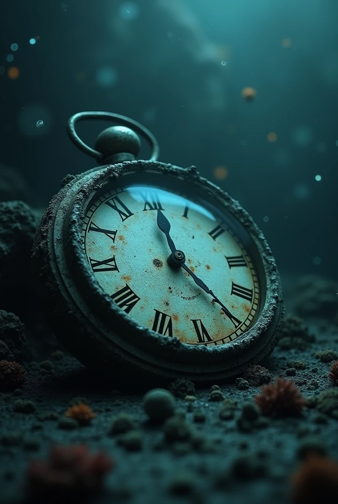 Very broken clock sunk in the dark bottom of the sea