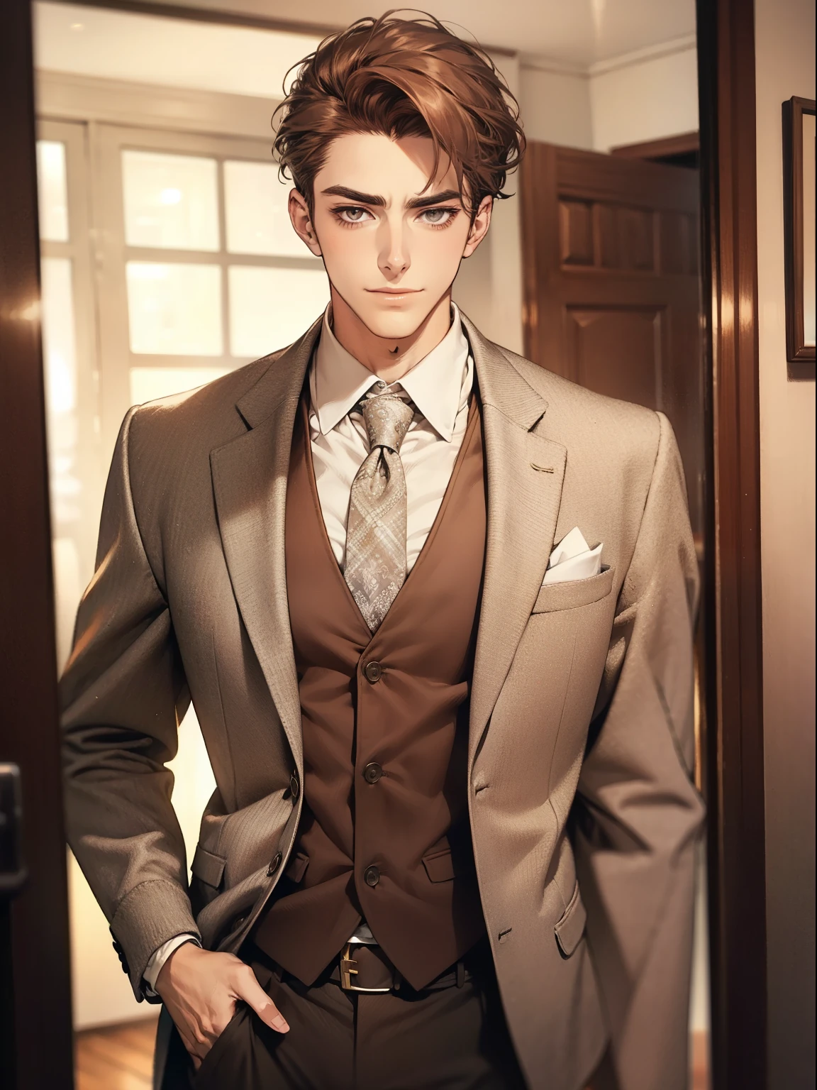 Masterpiece, Best quality, Realistic, 1 person, Mature male, Quiet and charming young man, 2 old, Serious look, Closed mouth, Portrait, Extremely detailed face, cold smile, ((dark gray eyes)), ((Right sweep short dark brown hair)), [Thick eyebrows], ((suit)), Handsome, full bodyesbian, Western, Jewish, Light brown skin,Stand in front of the mirror，Organize your clothes