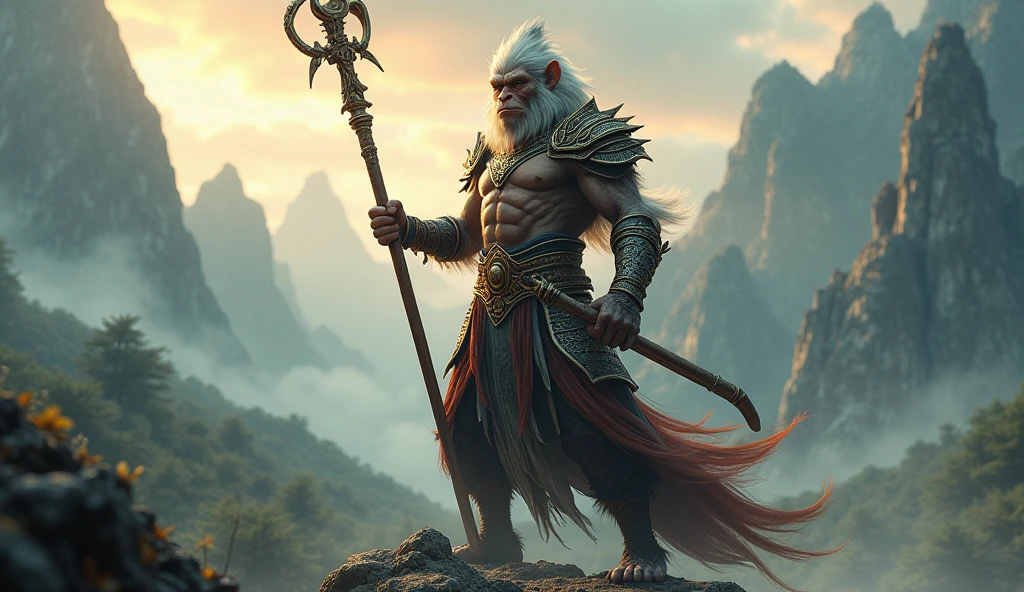 sun wukong, monkey with a stick, chinese warrior armor, hyperrealistic, realistic renatosphere, epic 3D realism, best in wlop, kan liu, daz3d, trends in CGsociety, hyper-detailed realistic style, completo cosplay, by Ric Nagualero, album, hyung tae kim, 8k, irreal engine 5, film composition, hyper-detailed realistic portraits, 3D game art, CG Society, Fantasyart, hd art of season, realistic aesthetic, cinematic lighting, border light, smooth light, border light de filme, fine glow, ultradetailed, 8k, realistic use of light and color, cinematic light, rendered in cinema4d 500–1000 AD -- ar 3:4- Niji 6