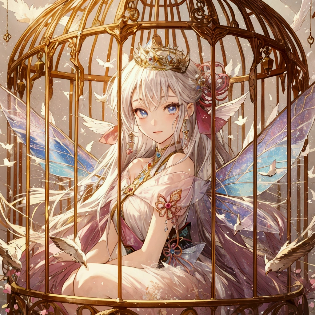 Japanese cartoons, Fairy, bird, bird cage, Fairy, Fairy wings, Fairy, Fairy, Fairy, Fairy, astral Fairy, Fairy aesthetics, Ethereal fantasy, beautiful fantasy Japanese cartoons, 像Fairy一样微笑, Fairy, portrait of a Fairy, Popular on artstation pixiv, Fairycore, Fantasy art style, Dreamy and detailed, ((Beautiful fantasy queen))