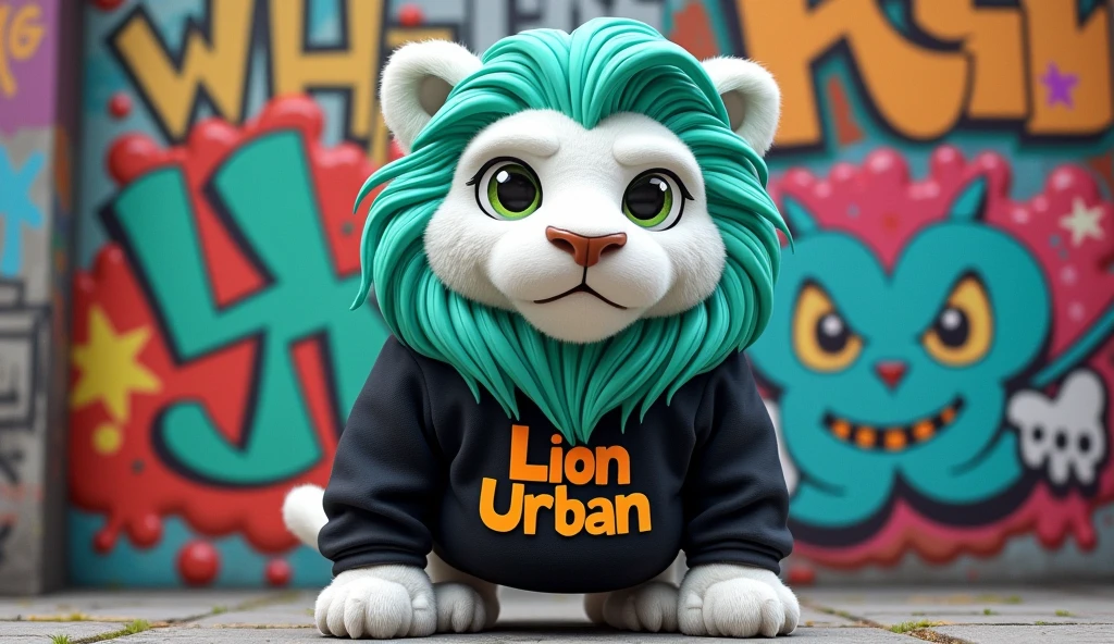 White lion with aquamarine green mane cartoon style full body standing wearing a black sweatshirt marked with the name LION URBAN on a graffiti background  
