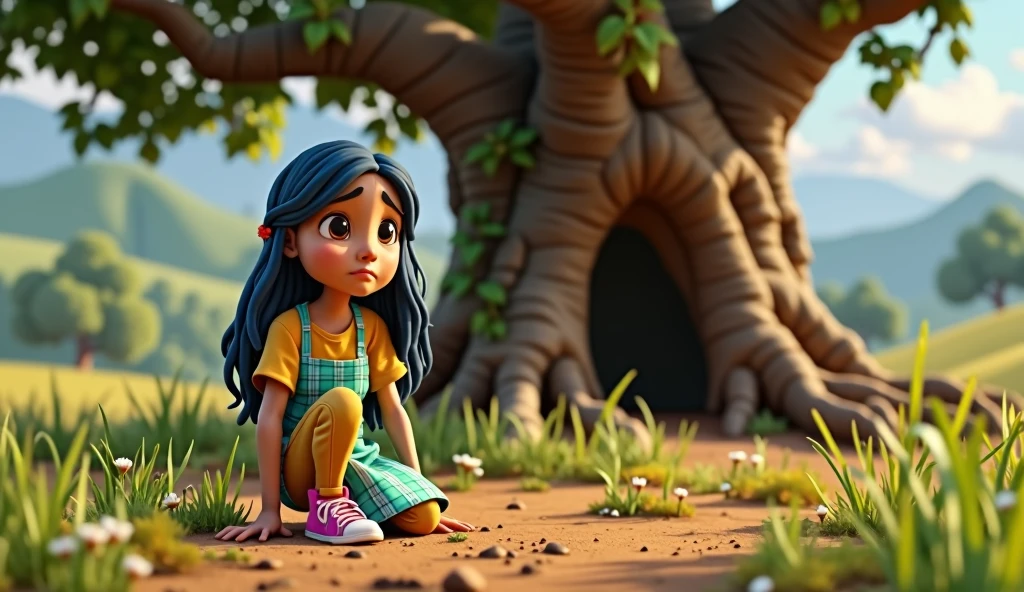 SIDE VIEW ((masterpiece, best quality)), award winning, 4k, 8k, 3d pixar animation character, visible face, (one 2 woman NAMED BRISA), portrait, beautiful, cute, yellow shirt, yellow pants, light long blue apron, pink sneakers, long plaid blue hair, light tan skin, brown eyes, ((Perfect Hands)), UHD, 8K, ON HER KNEESS WITH SAD EXPRESSION EXPLAINING SO A SOMETHING, BACKGROUND IS: ((masterpiece, best quality)),3d illustration of countryside el salvador, a big, tall and wide amate tree behind with a big hole in its trunk