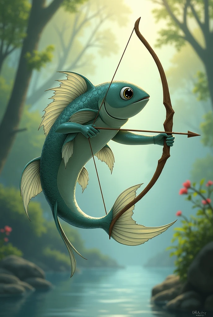 Hi, give me an image of the fish bow referring to a fish with a bow and arrow, as if it were the fusion of Sagittarius with Pisces, but it should be in the Studio Ghibli style, do it without horns, that it is good and does not look computerized, improve your prettier head