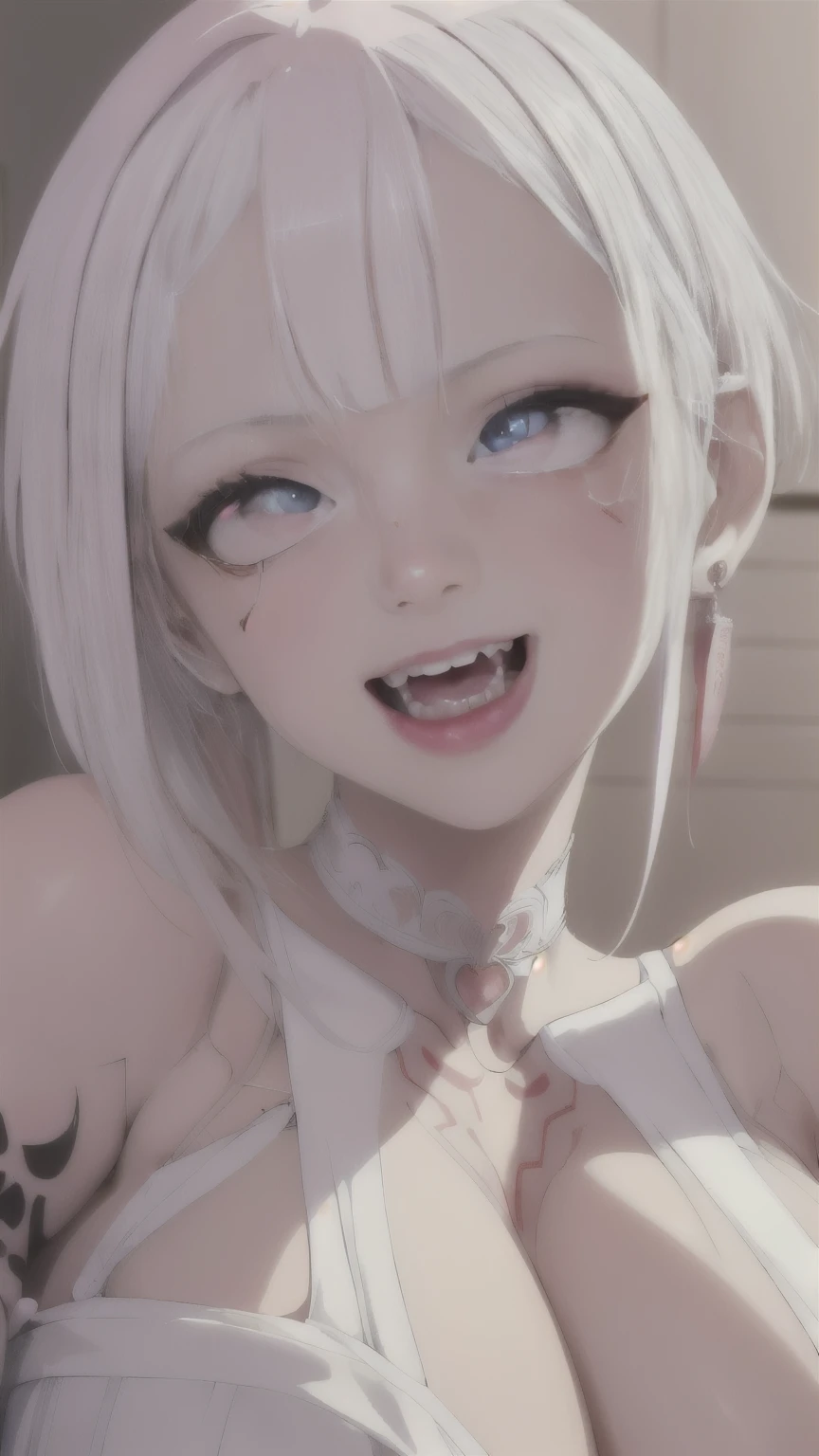 (masterpiece:1.2), best quality, Beautiful rebellious girl,portrait,
1 Girl, have, open mouth, Glossy lips, White short hair, , Pink Eyes, earrings,, Long eyelashes, contour, Upper Body, Clothes Writing,Huge bust、Protruding chest、Super huge、Huge breasts, Barcode tattoo, bust, Smile, Collar,Huge bust,Long hair,Drool,Milky saliva,Showing breasts,Chest-baring clothes,拴着铁链的Collar,Fangs,Facing the camera,Red heart-shaped pupils,Superbly detailed eyes,Exquisite face,Detailed face,Delicate nose,Intricate tattoos
