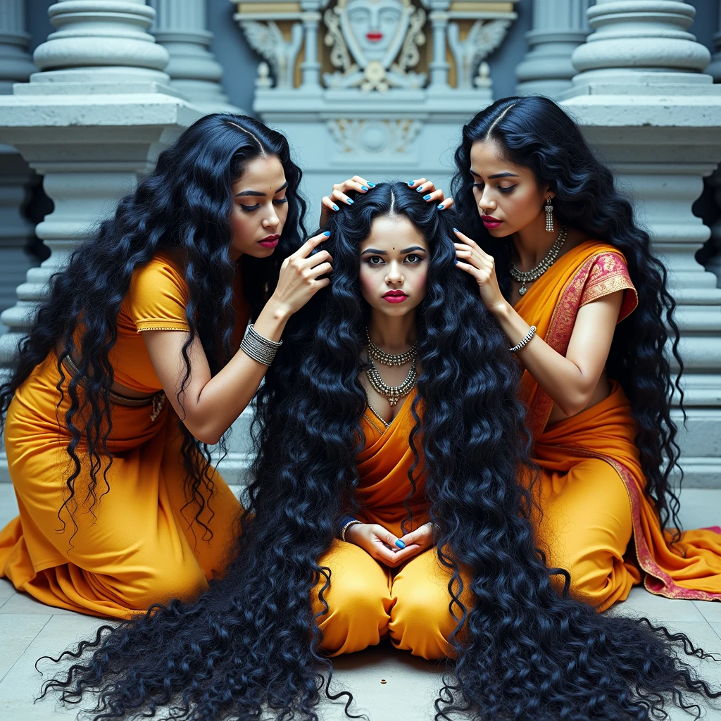 An unusual yet intriguing scene set within the sacred precincts of an ancient Indian Kali temple. Three young Indian ladies, adorned in vibrant, traditional sarees, stand out against the dark, mystical backdrop. Their unnaturally black, 3C curly hair, reminiscent of coiled springs, draws the eye with its inexplicable sheen and volume. Each strand seems to have been meticulously crafted by an unseen hand, coiled and coiled a million times over until it reaches a state of surreal perfection. The hair appears to have been showered with an unimaginable amount of oil, so much so that it resembles wet pulp, saturated and absorbing the light around them. The kneeled lady in the center, with her hair cascading down her back, is the focal point as her tresses shimmer and reflect like a sea of black mirrors. The other two ladies, their own hair equally as wet and oil-soaked, lean over her from behind. With a playful yet fervent expression, they begin to lick and kiss her scalp, their movements seemingly driven by an unbridled passion. This act of intimate hair worship is both mesmerizing and slightly jarring, as their thick, curly locks, like dark waterfall of springs, bounce and sway with each tender caress. The scene is suffused with an air of strange ritual, as if the very essence of the divine is being invoked through the act of grooming and adoration. Each curl is a testament to the boundless creativity of nature, while the trio's shared experience speaks to a deep-rooted bond of sisterhood and the mysterious powers of feminine unity. The image captures a moment that is at once sensual, spiritual, and eerily beautiful, leaving the viewer to ponder the story behind this peculiar tableau.