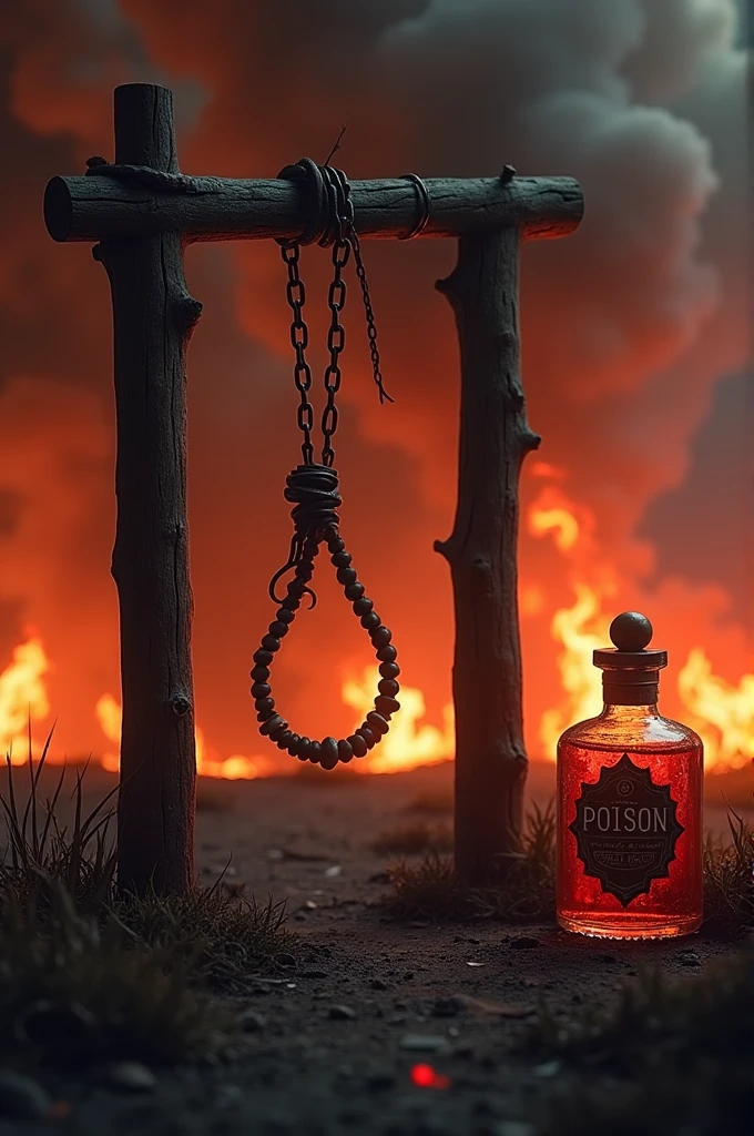 Create photo of gallows and poison bottle with burning background