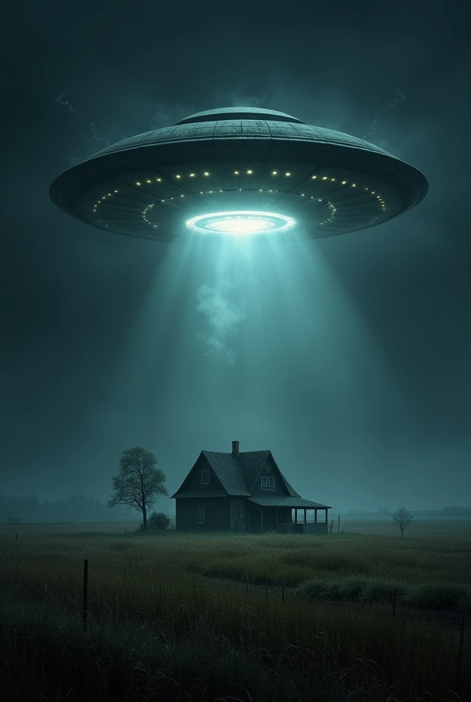 UFO over isolated farm house at night