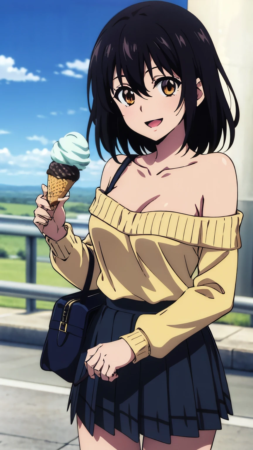 (highest quality, 8k, High resolution, masterpiece:1.2), Anime art style, Hyper Detail, himeragi yukina, Brown eye, Black Hair, Hair between the eyes, Medium Hair, 1 girl, Perfect Face, eye_Light_big,Small medium breast, Soft impression, alone, (long sleeve off-shoulder light yellow sweater, black halterneck camisole, (hand bag, shoulder strap), black pleated mini skirt, Ice cream, open mouth, smile, daytime, highway), Cowboy Shot, dutch angle, looking at viewer,