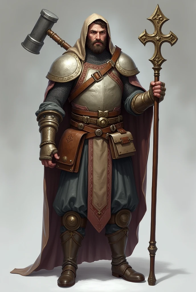 An RPG cleric with light chain mail armor, a staff with a cross on the end, a hammer on the waist, gray background and a bag at the waist, Please 