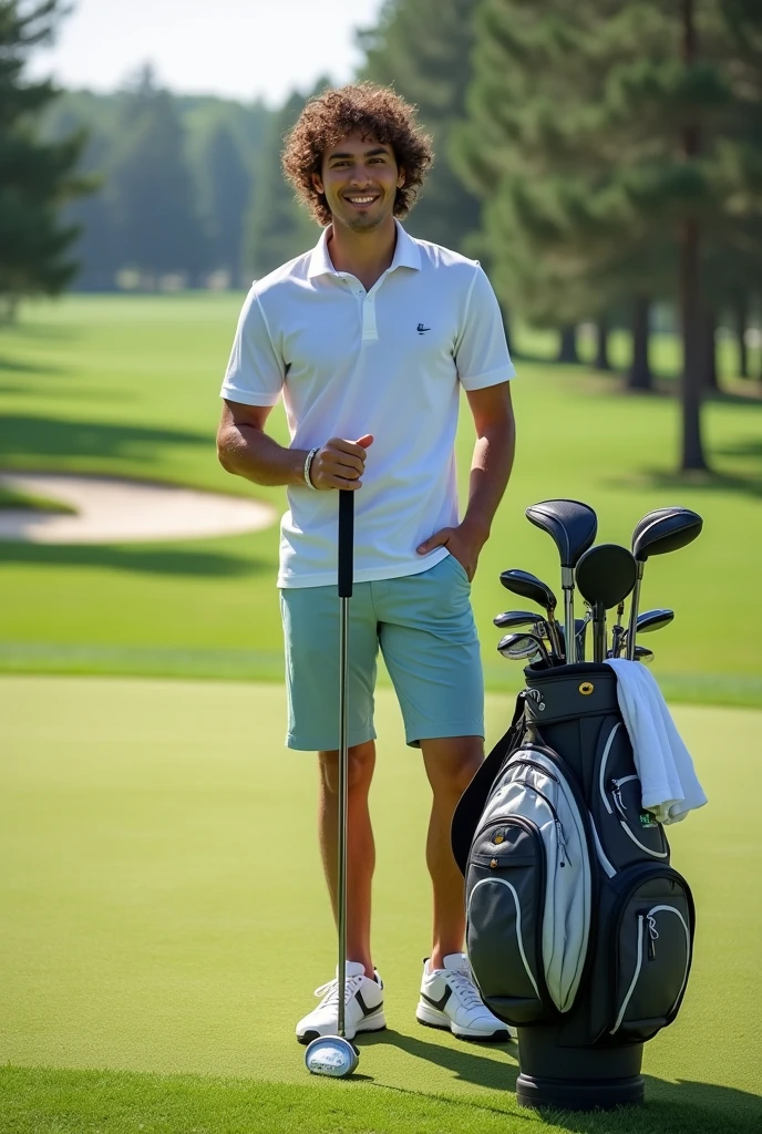 Photography of a 20 year old Asian guy with long curly hair wearing a t-shirt, shorts, golf shoes, holding a golf club, complete accessories on a golf course.