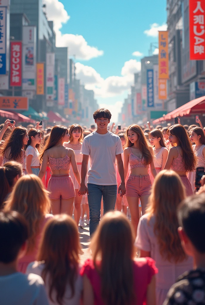 Generate an image where a circle of girls all holding hands appears and in the middle of the circle is standing Suga from BTS. And outside the circle are other people trying to take photos of Suga
