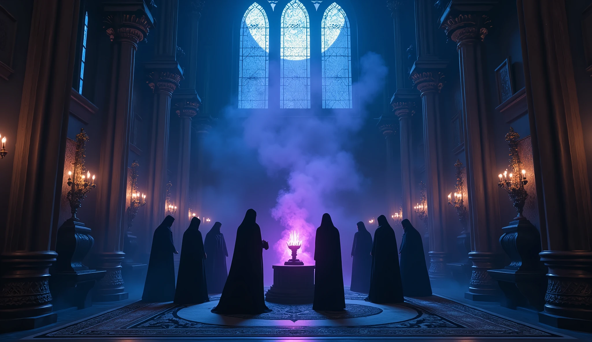 8k、 big blue moon ,zoom up(number々の賞を受賞したmasterpiece、Incredible detail、Texture、Maximum details),purple flame candle, (summoning magic),(The moonlight at night is beautiful), (Demon King's Castle),(dark organization)arafed image of a group of people in a church with candles,lit candle, dark cinematic concept art, elegant cinematic fantasy art, photorealistic dark concept art, by Beeple, dark , wojtek fus, gothic epic library concept, gothic epic library, epic cinematic concept art, dark concept art, Beeple and mike winkelmann, symmetrical epic fantasy art, High resolution, masterpiece, Highest quality, Intricate details, Very detailed, Clear focus, practical skin texture, texture, Shot with Canon, 85mm, Shallow and deep, Kodak Vision Color, Exactly, Very detailed, photograph_\(Extremist\), photographpractical, practical, Post-processing, Maximum details, Roughness, Real Life, Extremist practical, Photorealism, photographgraphy, 8K Ultra HD, photographgraphy