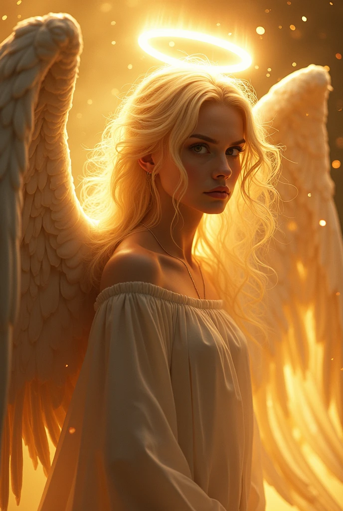 Por favor, create an image of a splendid and enigmatic full-body angel. This angel must be bathed in radiant sunlight, radiant light that exudes an aura of celestial mystery and wonder. A pose do anjo, context, and appearance can contribute to the sense of mystique. The angel's hair must be blond and behave like a flaming flame.. Your face should be androgynous and beautiful, your eyes must be black, black and convey a feeling of melancholic sadness and anger. Ele deve ter sob sua cabeça um halo de luz negra que contrasta coma luminosity e esplendor ao redor. The face of this angel must have androgynous features that make the observer question the true gender of the image.. Push the boundaries of color, luminosity, and intricate detailing to create an image that captivates the viewer's imagination and conveys the angel as a divine authority. Your artistic skills are crucial to bringing this splendid angelic vision to life.