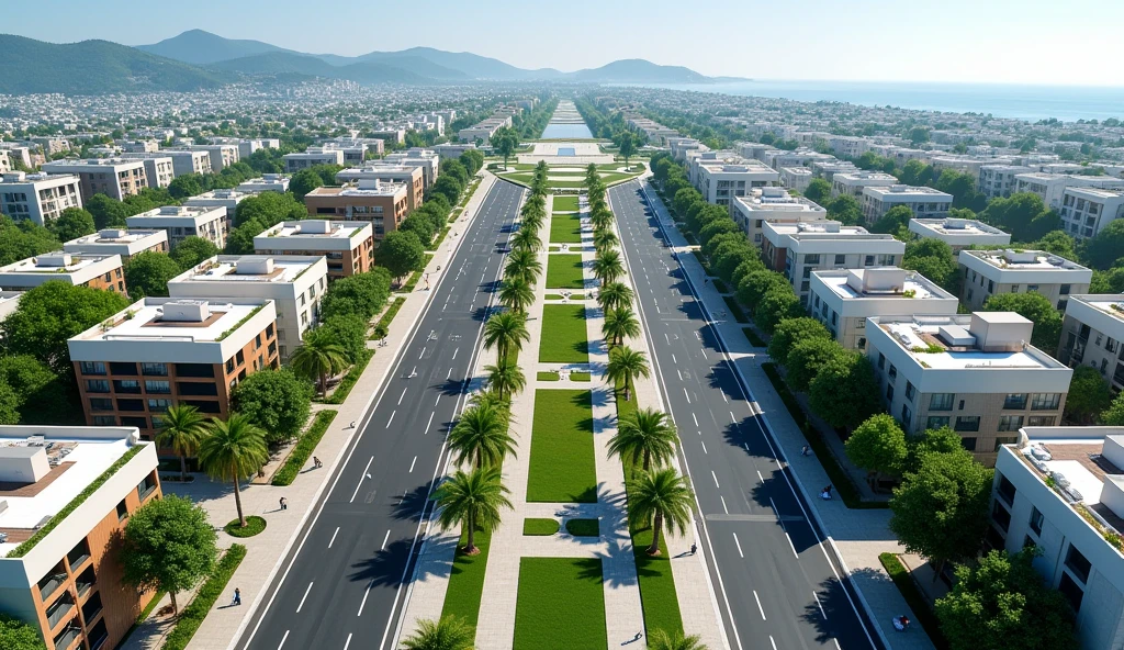 Aerial view of a symmetrical coastal city with a central boulevard lined with palm trees and green spaces. The boulevard is flanked by two wide multi-lane streets., Each is bordered by 150-meter-high residential and office buildings.. The buildings vary in color and style., Some have flat roofs and others have sloping roofs.. The city stretches out towards the horizon and in the distance there is a main square.. Crosswalks and intersections are visible, which indicates a well-planned urban infrastructure. The overall scene is bright and clear, which suggests a sunny day.
