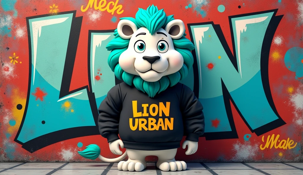 White lion with aquamarine green mane cartoon style full body standing wearing a black sweatshirt marked with the name LION URBAN on a graffiti background