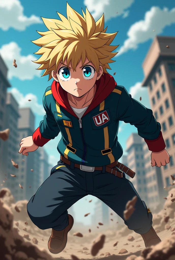 Screenshot from Boku no hero academia of a boy with turquoise eyes, unruly blonde hair like Bakugou in UA uniform in battles