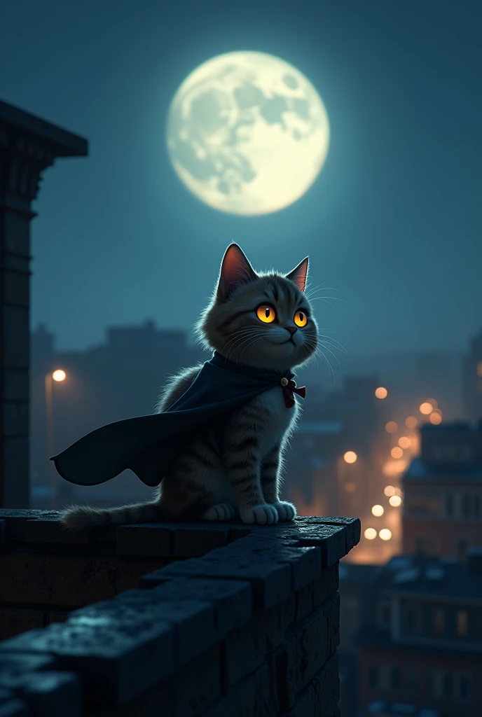 Year: 2024
Environment: A rooftop of a historic building in the neighborhood, under a starry night sky. The moon is full, casting a silvery light over the scene. The rooftop is old, with weathered tiles and an ornate iron railing. Below, the neighborhood is quiet, with the faint glow of streetlights and the occasional sound of a car passing by. The air is crisp and cool, with a hint of mystery.
Whiskers' Appearance: Whiskers, the small, かわいい-born tabby cat, is silhouetted against the moonlight. His fur is fluffed up slightly due to the cool night air, making him appear even more round and fluffy. His eyes are glowing with a bright yellow hue, reflecting the moon’s light, adding an aura of supernatural presence. He wears a tiny, dark-colored cape that flutters gently in the breeze, giving him a heroic and adventurous look. Whiskers stands tall, his head lifted as if he's listening to the whispers of the night, picking up clues from the silent world around him. His tail is raised, indicating his alertness and readiness.
Image Mode: Pixar style, capturing the enchanting glow of the moon and the subtle textures of the rooftop. Whiskers’ fur and cape are detailed, with the light casting soft shadows that enhance the sense of depth. The camera angle is low, capturing Whiskers in a dramatic, slightly heroic pose against the backdrop of the moonlit sky. The overall feel is cinematic, with a sense of wonder and the unknown. 8k resolution, full frame.