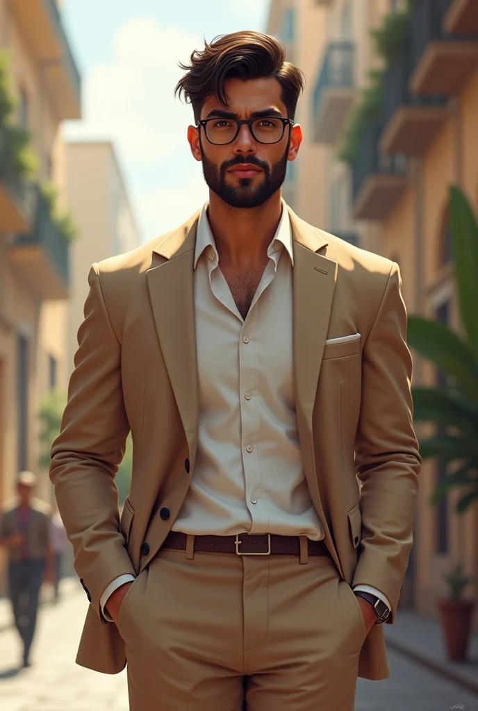 a male character, offwhite, short hair with a traditional cut, Brown suit, dark brown eyes, beard like glasses, broadshouldered, not very muscular, chic, 24 years, brazileiro