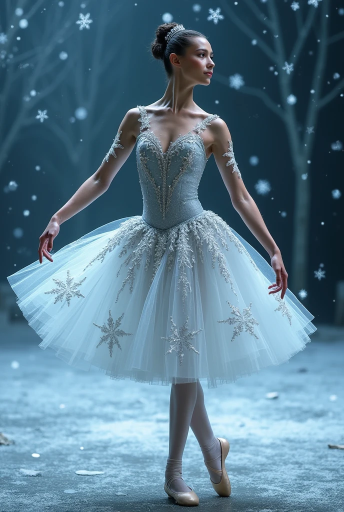 Make me a ballet costume for snowflakes inspired by the Nutcracker movie.
It has to reach your knees., silver with white and large details not small ones. Other With decorations on the skirt but not flakes but silver applications