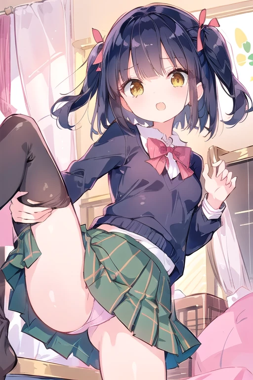 Beautiful illustrations、(masterpiece、Highest quality、8k ), (Beautiful details), Highly detailed face, Perfect lighting, Extremely detailed CG, (Perfect hands, Perfect Anatomy), Soft Focus, female 、a girl, blunt bangs, two side up, Black Hair, Yellow Eyes, short hair, Sparkling eyes、Small breasts, Slender, evil smiling、Middlool uniform、(Green Check Skirt)、Pink Sweater、Red ribbon tie、Thighs、Lift up your skirt, Under the skirt, panties,(Spread your legs),A pose that attracts men、in the bedroom, Love Hotel, 