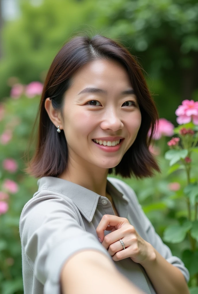 Japanese women、garden、Selfie fair skin、Big Breasts、single eyelid、Year: 35、Moderate、shirt、wedding ring