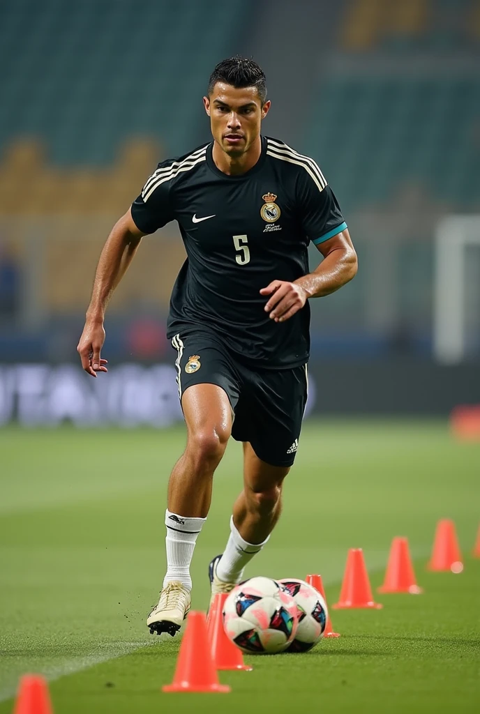 Entraînement Intensif** :
"Cristiano Ronaldo s'entraînant sur le terrain, réalisant des exercices de vitesse et d'agilité. Il est entouré de cônes d'entraînement, avec une expression sérieuse et déterminée. Mots clés : Cristiano Ronaldo, entraînement, vitesse, agilité, détermination."