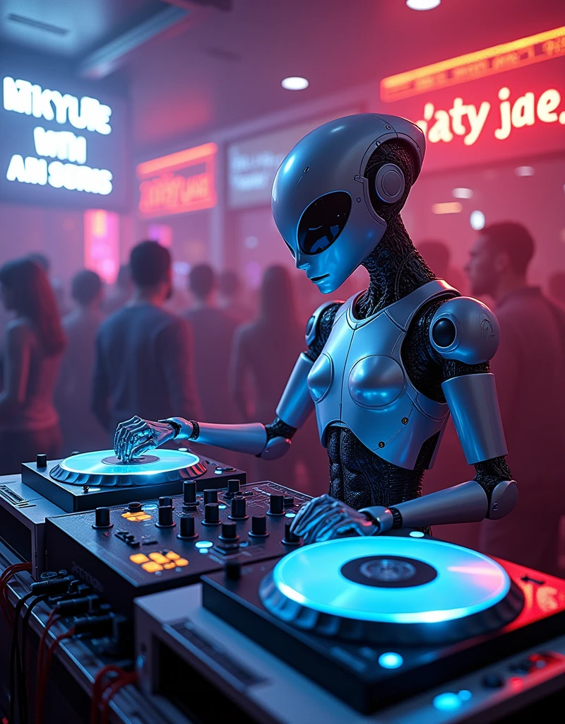 A scene depicting an unknown alien-blooded alien robot DJ spinning records in a typical cosmic nightclub. This alien robot DJ features smooth metallic components, glowing skin, an advanced holographic control panel for interacting with the crowd, and agile limbs to operate a variety of music equipment, such as turntables, mixers, and samplers. The scene is filled with typical interstellar club details, such as illuminated dance floor areas, signs written in alien script, and a range of cutting-edge sound equipment. Despite his alien robotic appearance, he still conveys excitement and commitment to the art of DJing, which are inherent qualities of a DJ. Realistic, 3D, C4D rendering, photography.