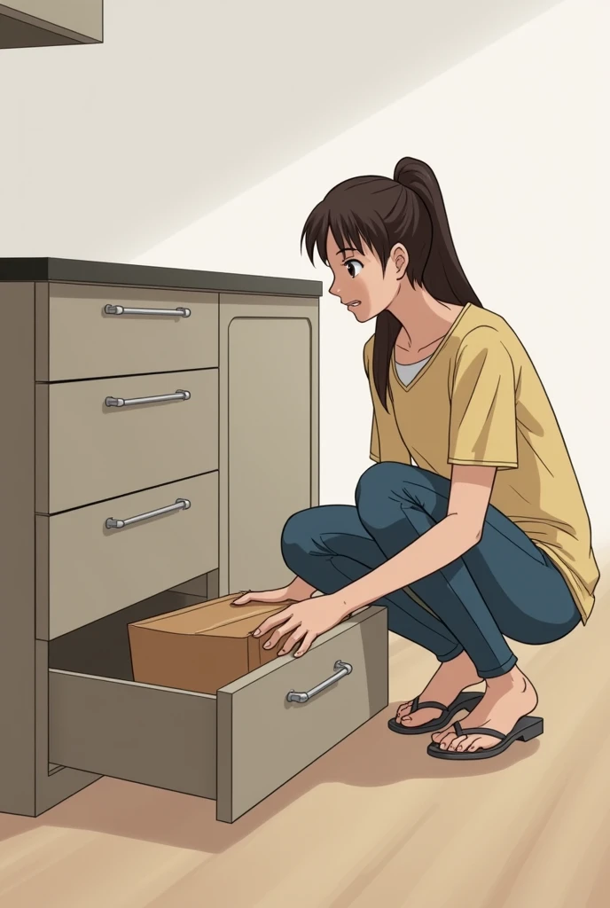 Person crouching down removing a box from a bottom drawer of a kitchen island

