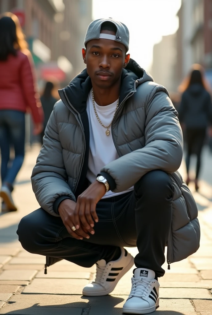 best qualityer:1.4), (ultra high resolution:1.2), (photorrealistic:1.4), (8k, CRU photo:1.2), 1 young black man, 20 years old. he is wearing a white shirt, gray puffer coat on top. He is wearing black jeans. Corte de cabelo buzzcut. He's wearing a gray cap backwards. He is wearing white Adidas sneakers. He is sitting on a sidewalk. Corte de cabelo buzzcut. thin build. It's not blurry in the background. thin build. In the background there are movements of people and children. thin build. has 1.75 tall. There is a sun . best qualityer:1.4), (ultra high resolution:1.2), (photorrealistic:1.4), (8k, CRU photo:1.2),