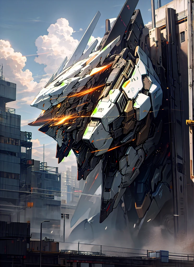 sky, cloud, holding_weapon, no_humans, glowing, , robot, building, glowing_eyes, mecha, science_fiction, city, realistic,mecha