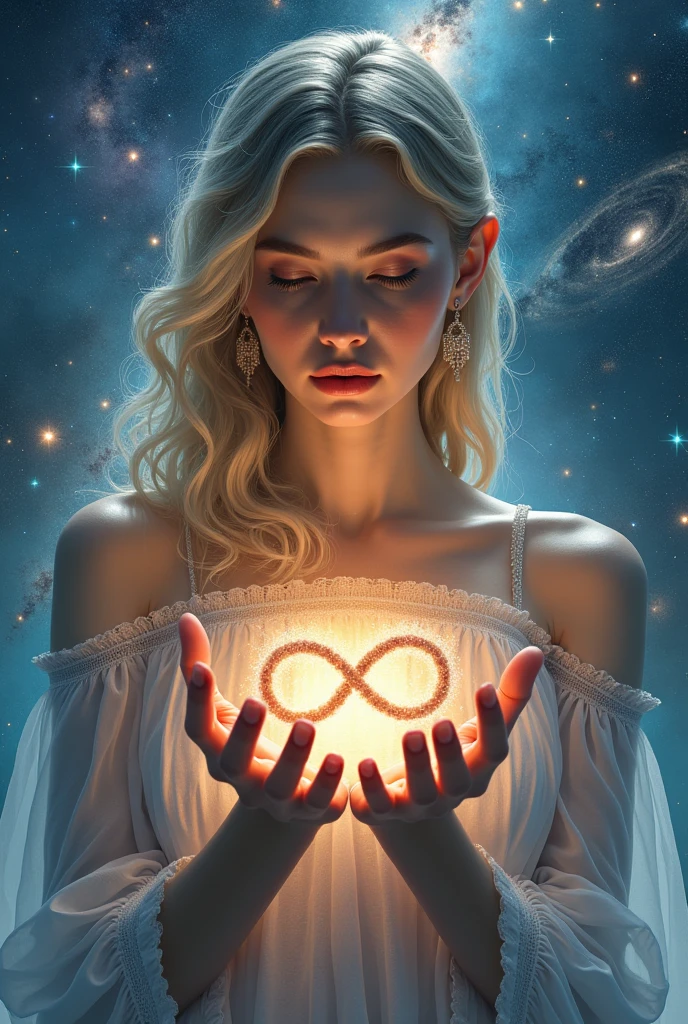 a beautiful woman holding the infinity symbol with the universe in the background